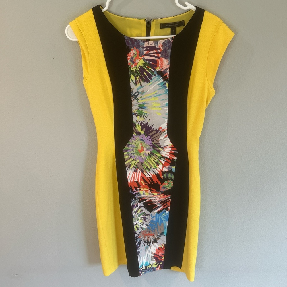 BCBGMaxAzria Yellow and Black Mini Dress with Colorful Print